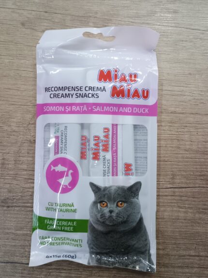 Tečna pašteta za mačke Miau-Miau sa lososom i pačetinom, 60 gr